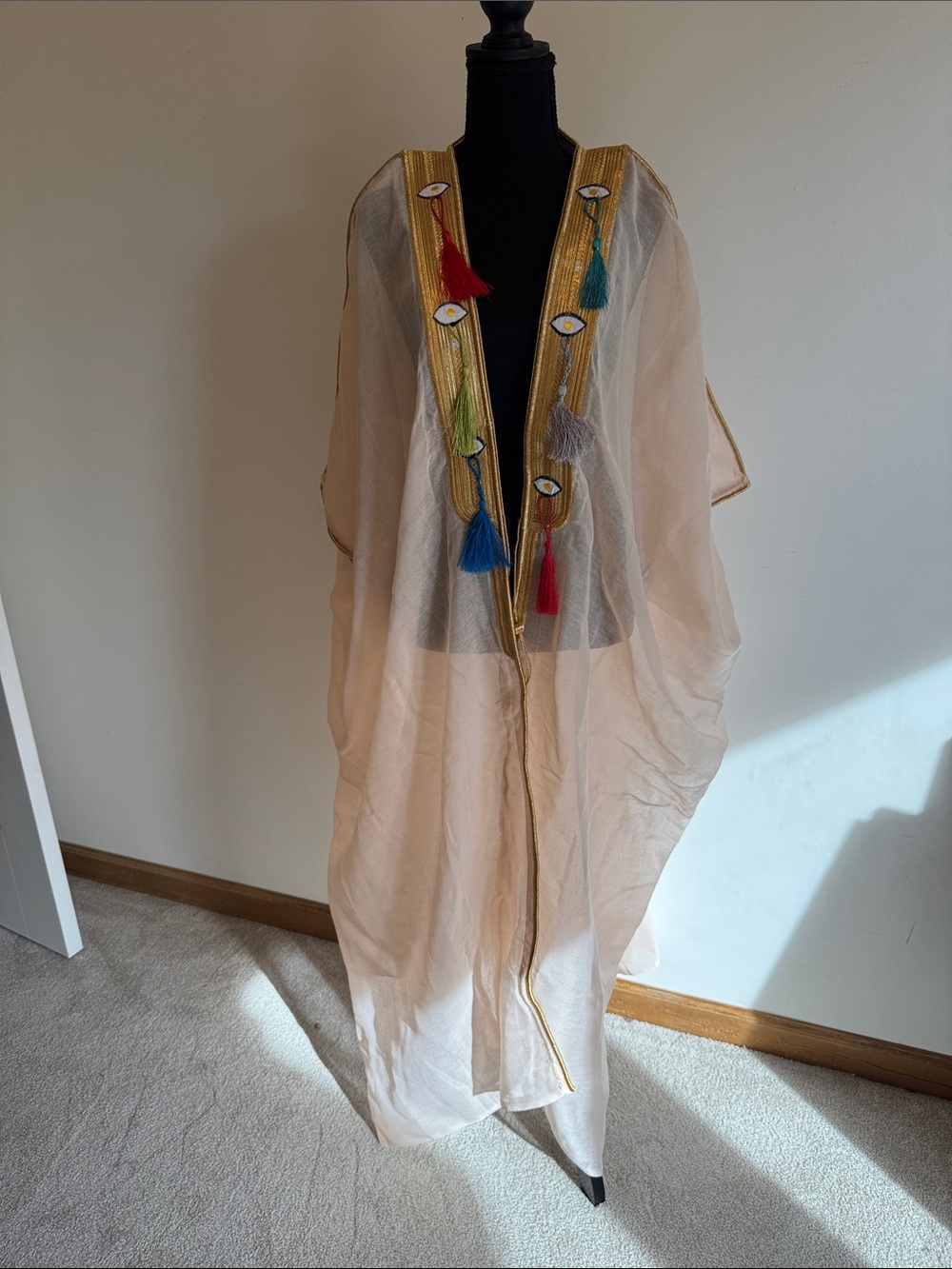 Sheer Cream Tassel-Trim Kaftan with Gold Trim